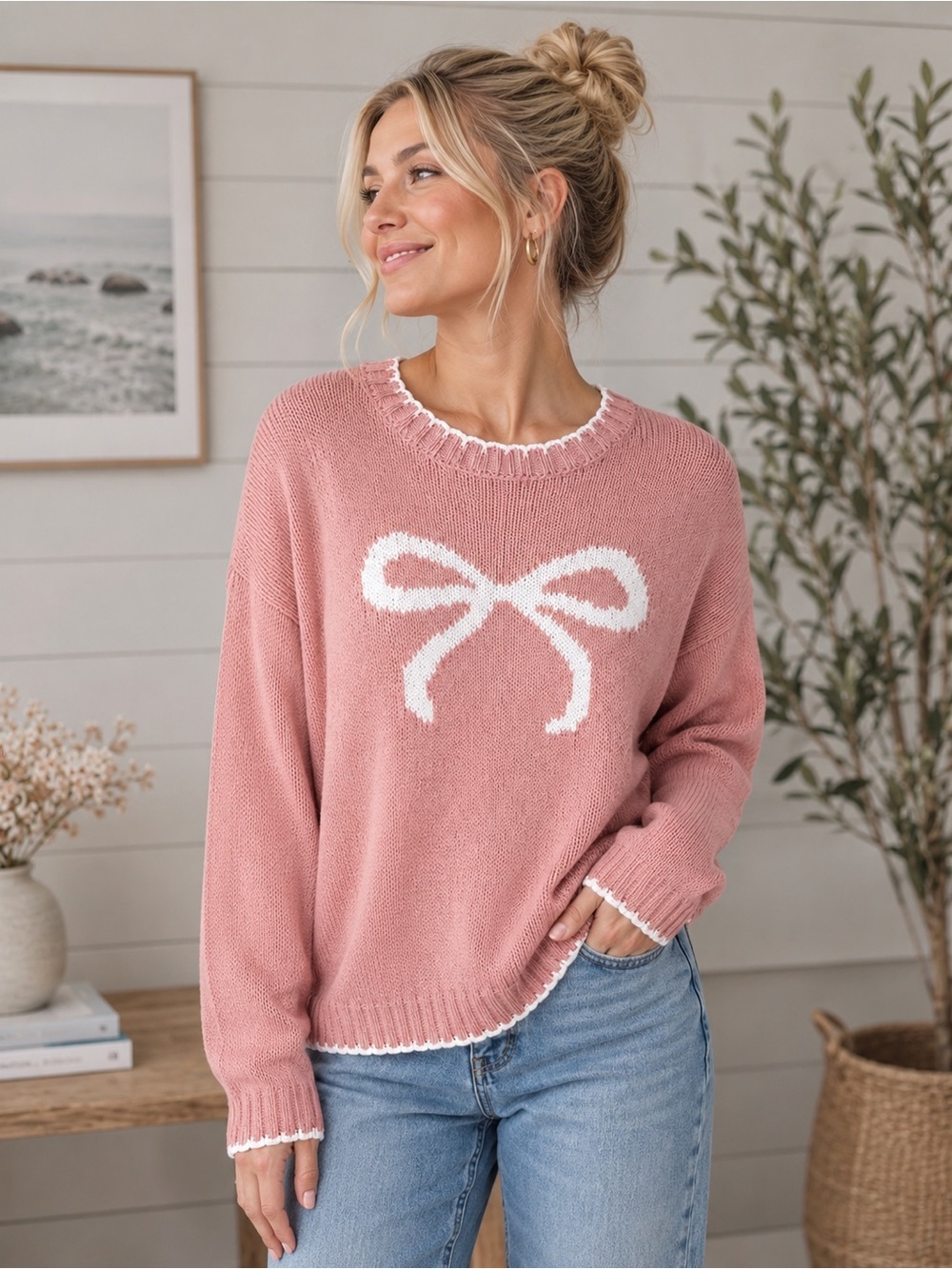 Sincerely Jules Pink Bow Knit Sweater NWT Size Medium | Oversized Crewneck Cozy